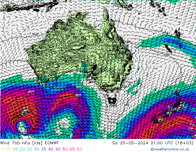 Vento 700 hPa ECMWF sab 25.05.2024 21 UTC