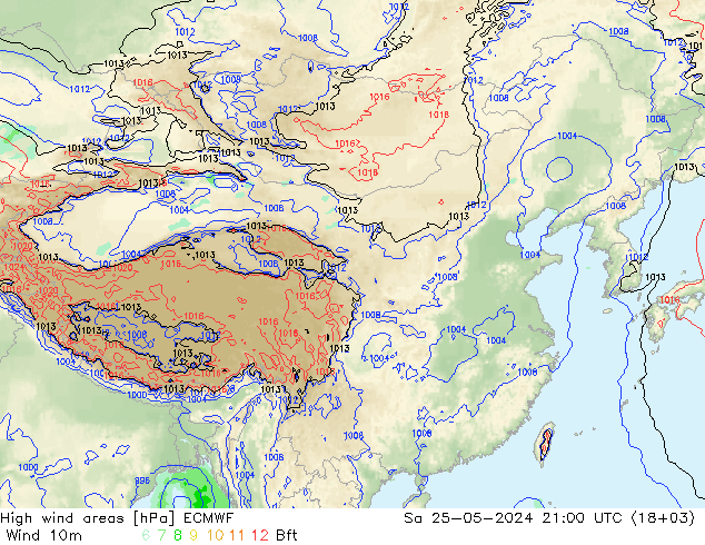 High wind areas ECMWF 星期六 25.05.2024 21 UTC