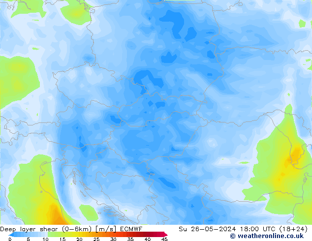 Deep layer shear (0-6km) ECMWF Dom 26.05.2024 18 UTC