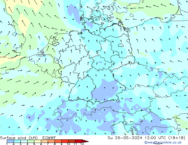 ве�Bе�@ 10 m (bft) ECMWF Вс 26.05.2024 12 UTC