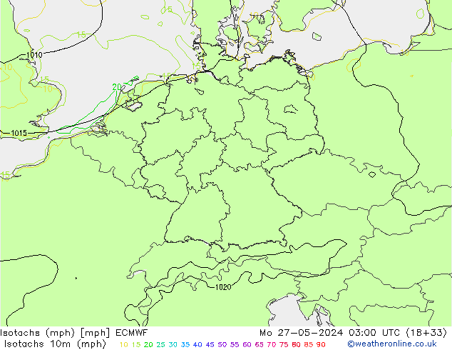 Izotacha (mph) ECMWF pon. 27.05.2024 03 UTC