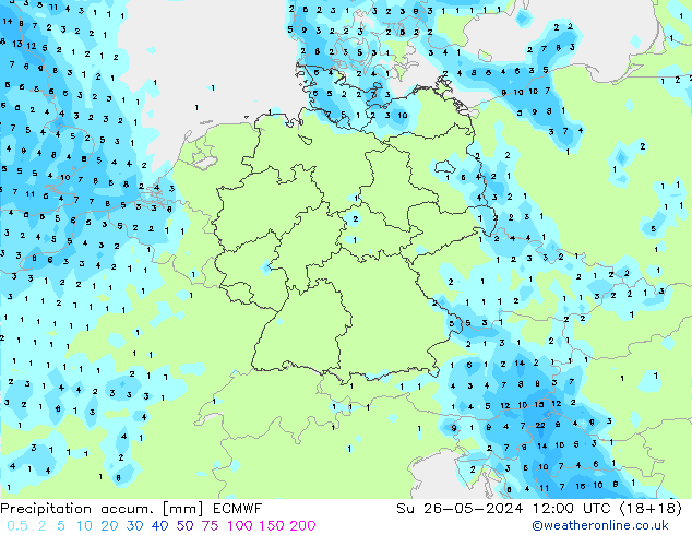 Precipitation accum. ECMWF Su 26.05.2024 12 UTC