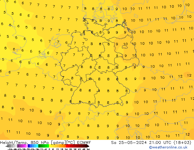 Geop./Temp. 850 hPa ECMWF sáb 25.05.2024 21 UTC