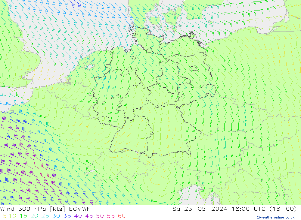 Vent 500 hPa ECMWF sam 25.05.2024 18 UTC