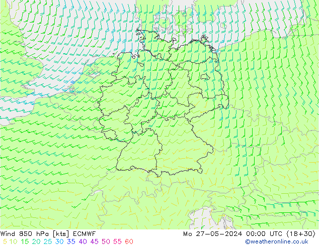 wiatr 850 hPa ECMWF pon. 27.05.2024 00 UTC