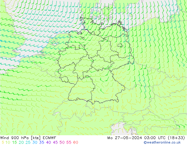 wiatr 900 hPa ECMWF pon. 27.05.2024 03 UTC