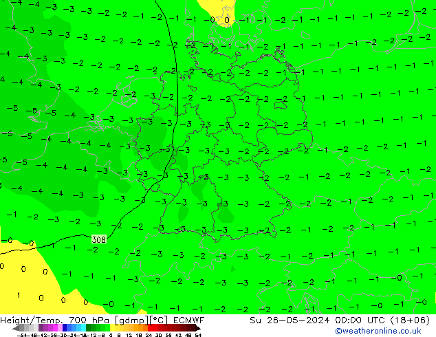 Height/Temp. 700 hPa ECMWF dom 26.05.2024 00 UTC