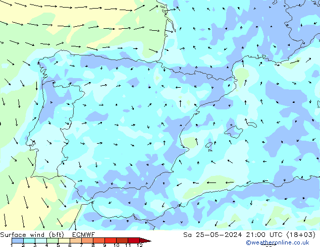 Viento 10 m (bft) ECMWF sáb 25.05.2024 21 UTC