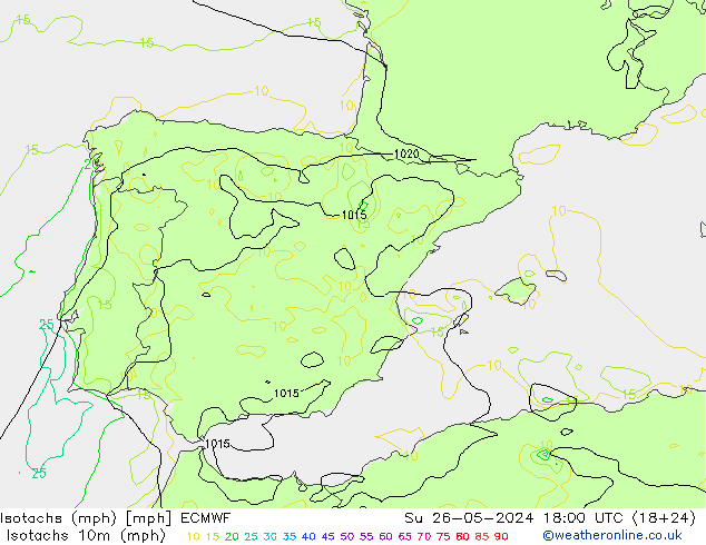 Isotachs (mph) ECMWF dim 26.05.2024 18 UTC
