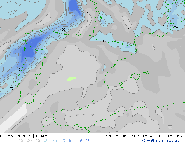 RH 850 гПа ECMWF сб 25.05.2024 18 UTC