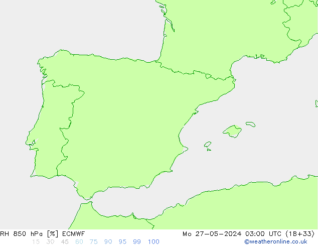 Humidité rel. 850 hPa ECMWF lun 27.05.2024 03 UTC