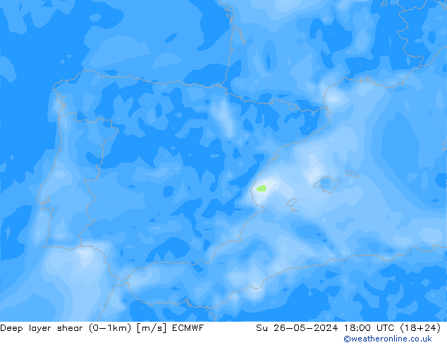 Deep layer shear (0-1km) ECMWF dim 26.05.2024 18 UTC