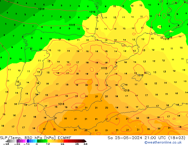 SLP/Temp. 850 hPa ECMWF Sáb 25.05.2024 21 UTC