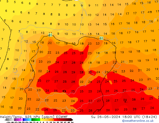 Height/Temp. 925 hPa ECMWF Su 26.05.2024 18 UTC