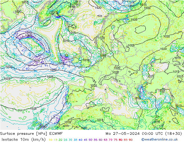 Isotachs (kph) ECMWF Seg 27.05.2024 00 UTC