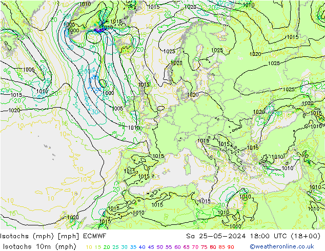 Isotaca (mph) ECMWF sáb 25.05.2024 18 UTC