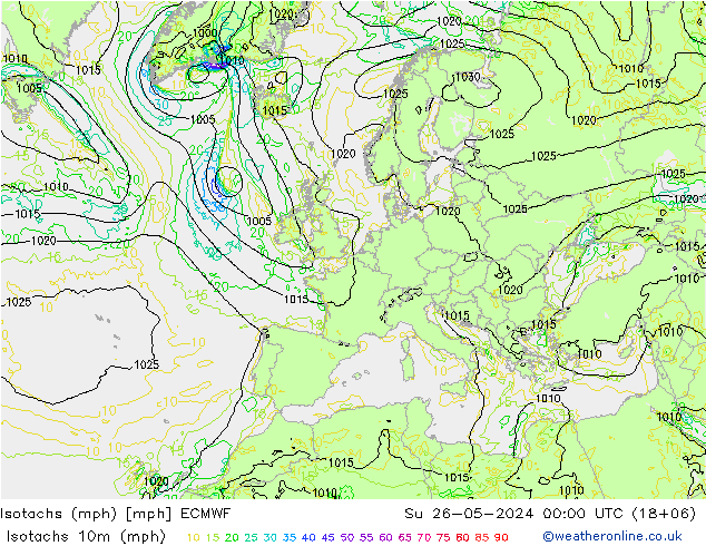 Isotachs (mph) ECMWF Вс 26.05.2024 00 UTC