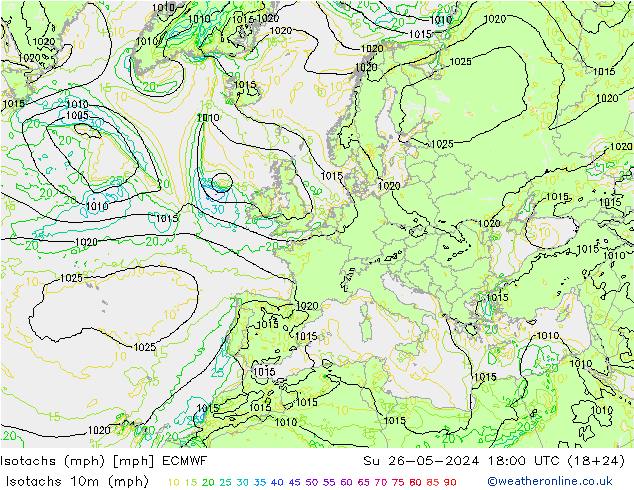 Izotacha (mph) ECMWF nie. 26.05.2024 18 UTC