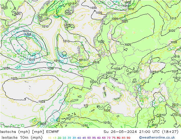 Eşrüzgar Hızları mph ECMWF Paz 26.05.2024 21 UTC