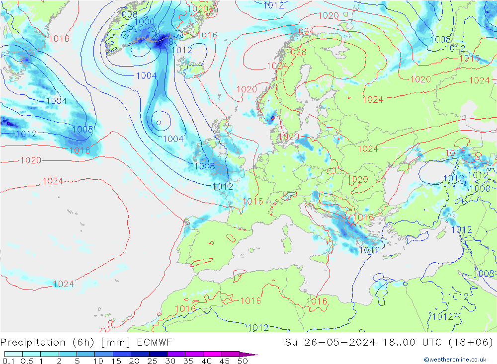 Z500/Rain (+SLP)/Z850 ECMWF Dom 26.05.2024 00 UTC