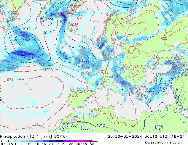 Totale neerslag (12h) ECMWF zo 26.05.2024 18 UTC