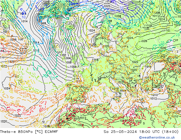 Theta-e 850hPa ECMWF Sa 25.05.2024 18 UTC