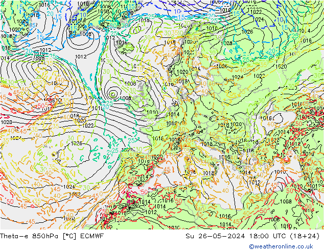 Theta-e 850hPa ECMWF zo 26.05.2024 18 UTC