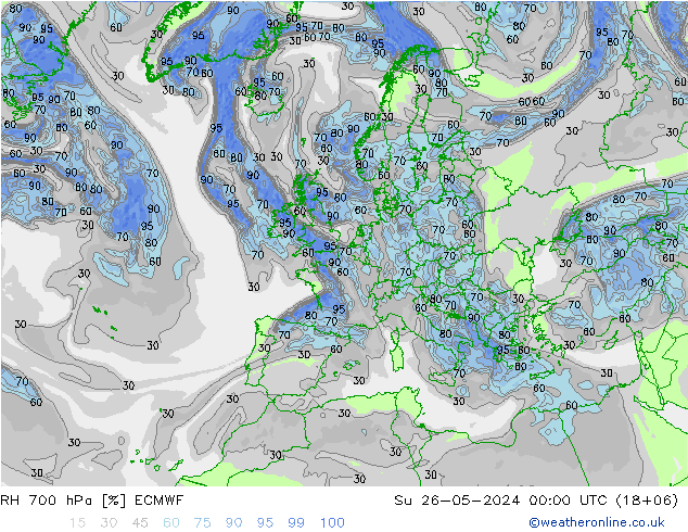 Humidité rel. 700 hPa ECMWF dim 26.05.2024 00 UTC