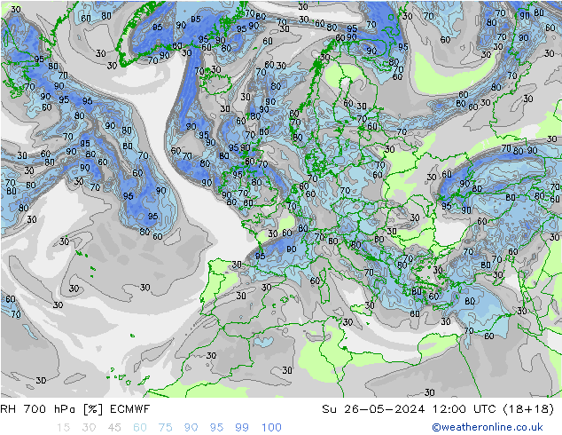 RH 700 hPa ECMWF Su 26.05.2024 12 UTC