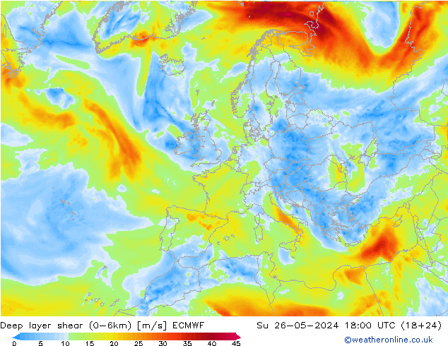 Deep layer shear (0-6km) ECMWF Вс 26.05.2024 18 UTC