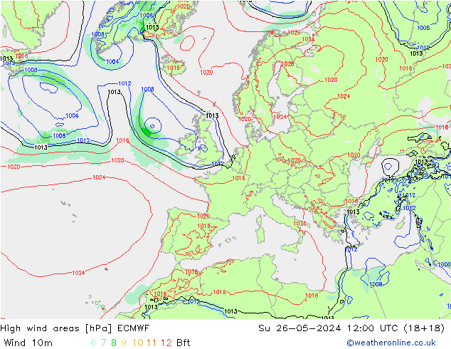 yüksek rüzgarlı alanlar ECMWF Paz 26.05.2024 12 UTC