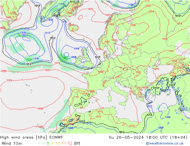 High wind areas ECMWF Dom 26.05.2024 18 UTC