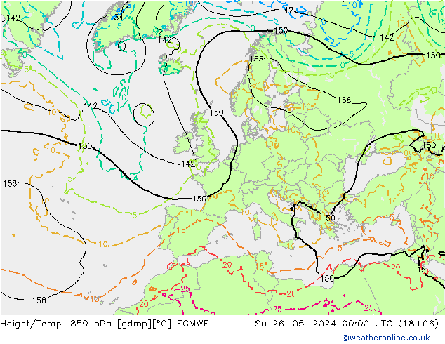 Z500/Yağmur (+YB)/Z850 ECMWF Paz 26.05.2024 00 UTC