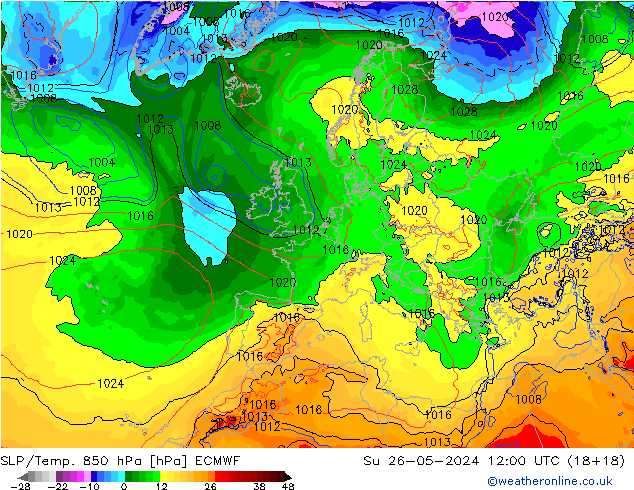 SLP/Temp. 850 hPa ECMWF Su 26.05.2024 12 UTC