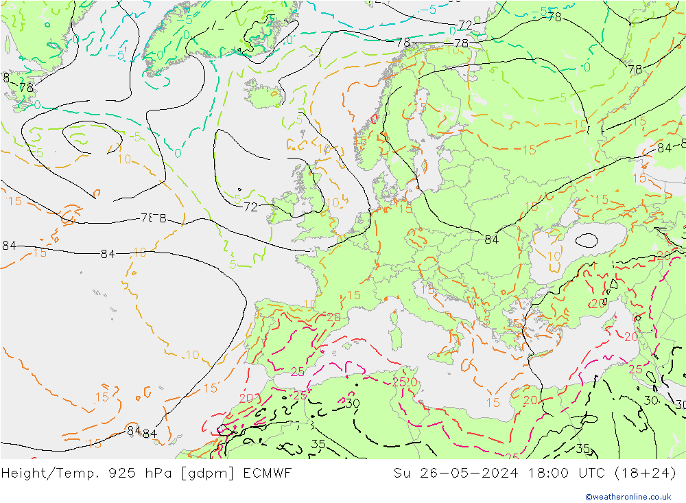 Height/Temp. 925 hPa ECMWF  26.05.2024 18 UTC