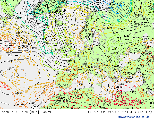 Theta-e 700hPa ECMWF dom 26.05.2024 00 UTC