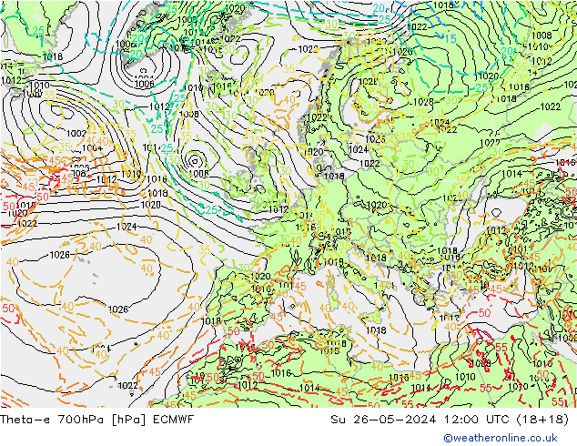 Theta-e 700hPa ECMWF Paz 26.05.2024 12 UTC