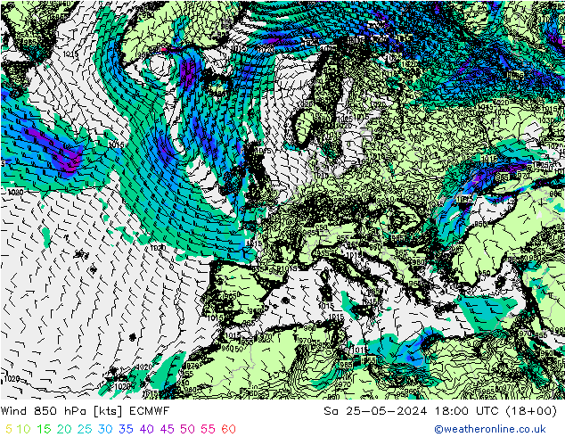 Wind 850 hPa ECMWF So 25.05.2024 18 UTC