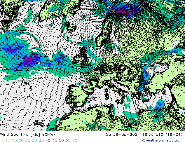 Rüzgar 850 hPa ECMWF Paz 26.05.2024 18 UTC