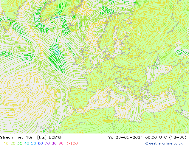 Streamlines 10m ECMWF Su 26.05.2024 00 UTC