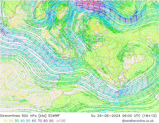 Linea di flusso 500 hPa ECMWF dom 26.05.2024 06 UTC