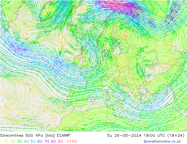 Stromlinien 500 hPa ECMWF So 26.05.2024 18 UTC