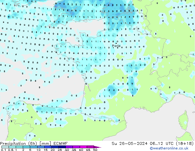 Precipitation (6h) ECMWF Su 26.05.2024 12 UTC