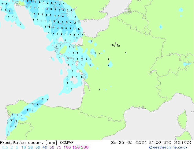 Precipitation accum. ECMWF sab 25.05.2024 21 UTC