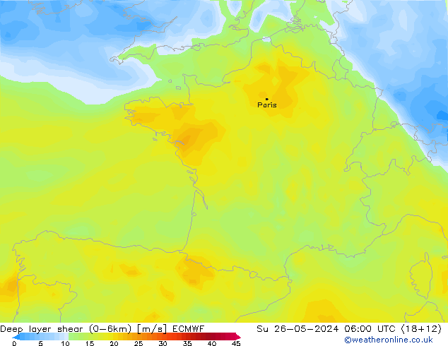 Deep layer shear (0-6km) ECMWF Dom 26.05.2024 06 UTC