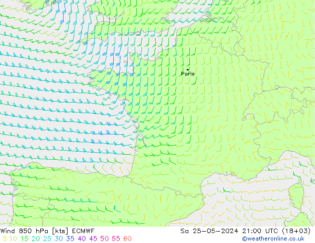 Rüzgar 850 hPa ECMWF Cts 25.05.2024 21 UTC