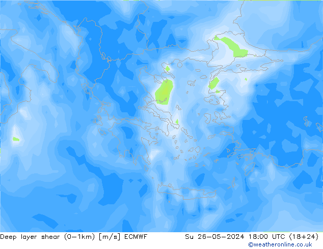 Deep layer shear (0-1km) ECMWF Paz 26.05.2024 18 UTC