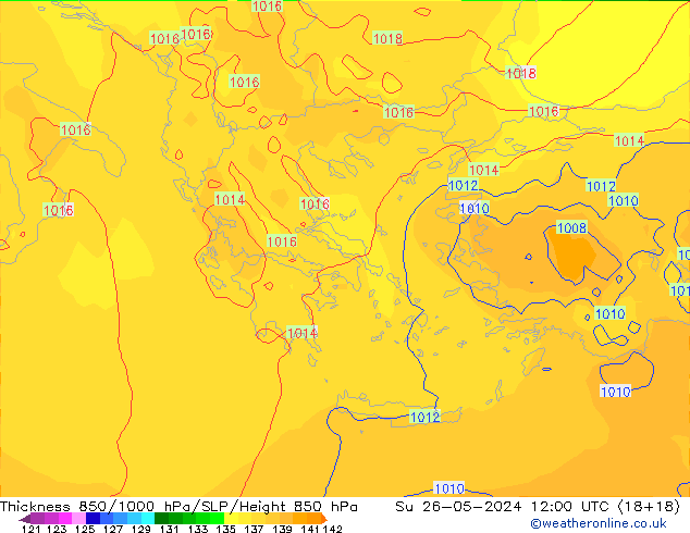 Thck 850-1000 hPa ECMWF dom 26.05.2024 12 UTC