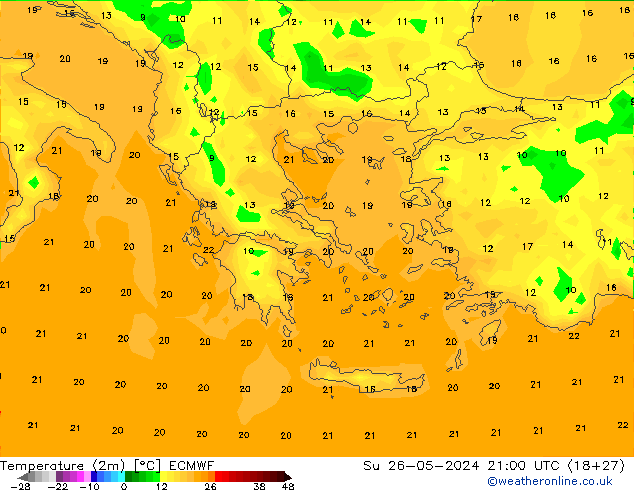 Temperaturkarte (2m) ECMWF So 26.05.2024 21 UTC