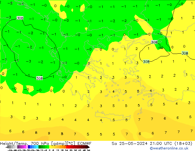 Height/Temp. 700 hPa ECMWF So 25.05.2024 21 UTC